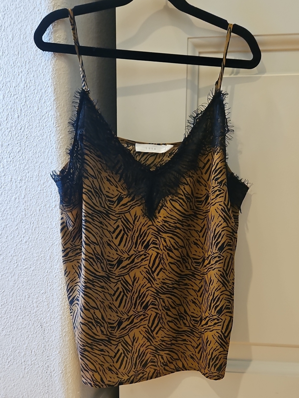 Satin Animal-Print Lace-Trim Cami - Black & Brown